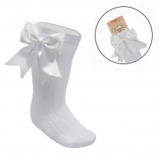 S350-W: White Knee Length Socks w/Large Bow (0-24 Months)